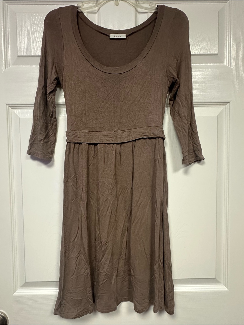Luxe Brown Scoop Neck Long Sleeve Midi Dress